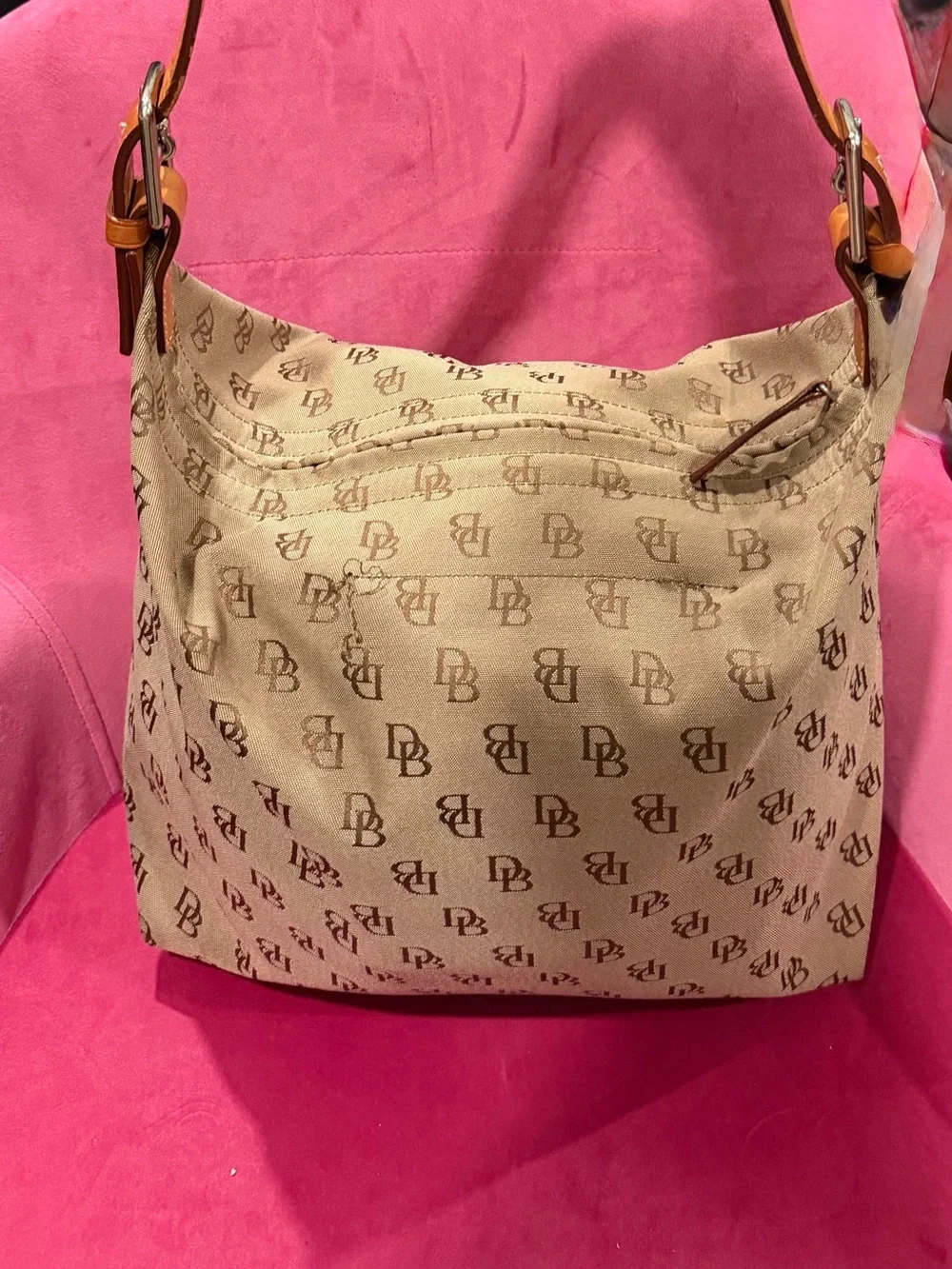 Dooney & Bourke Beige Logo Hobo Bag with Brown Leather Strap